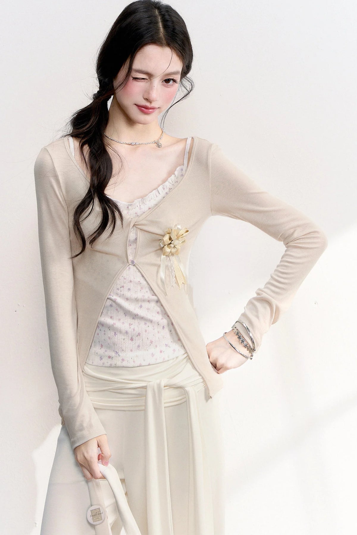Pink Purple Floral Camisole And Cardigan Set-Up