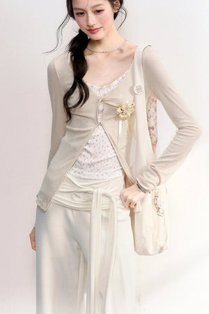 Pink Purple Floral Camisole And Cardigan Set-Up