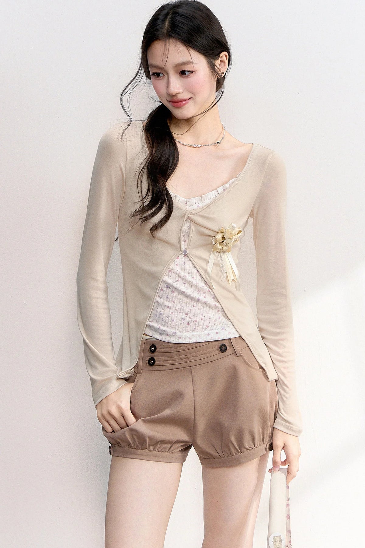 Pink Purple Floral Camisole And Cardigan Set-Up