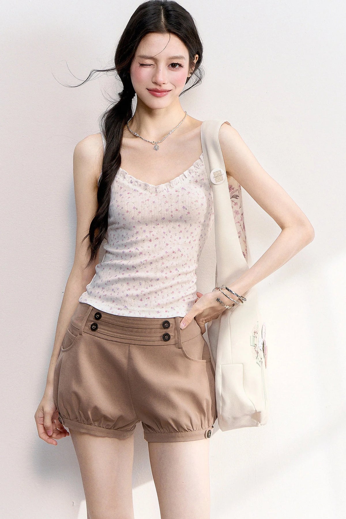 Pink Purple Floral Camisole And Cardigan Set-Up