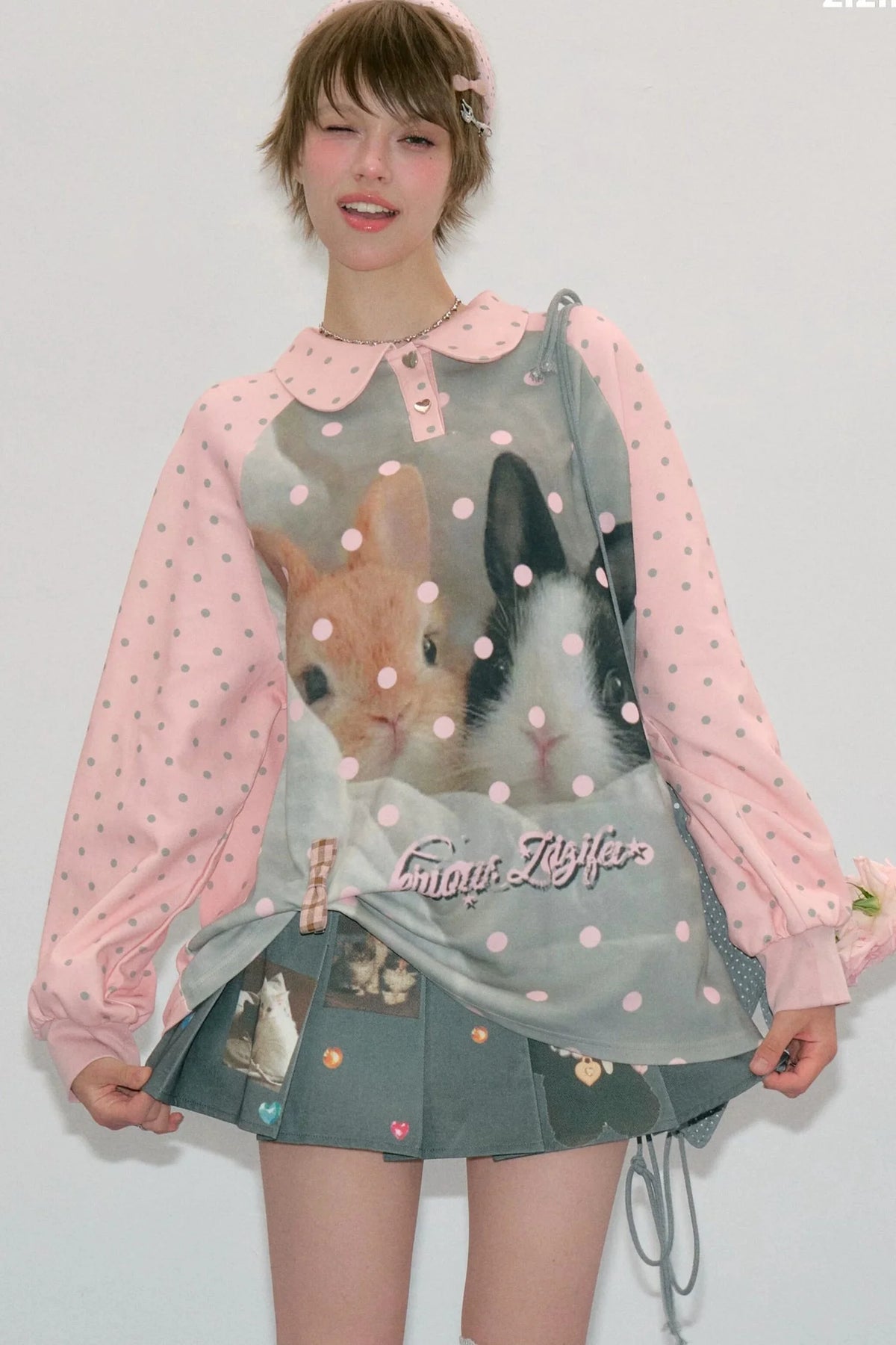 Pink Rabbit Print Polka Dot T-Shirt