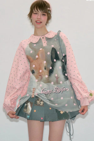 Pink Rabbit Print Polka Dot T-Shirt