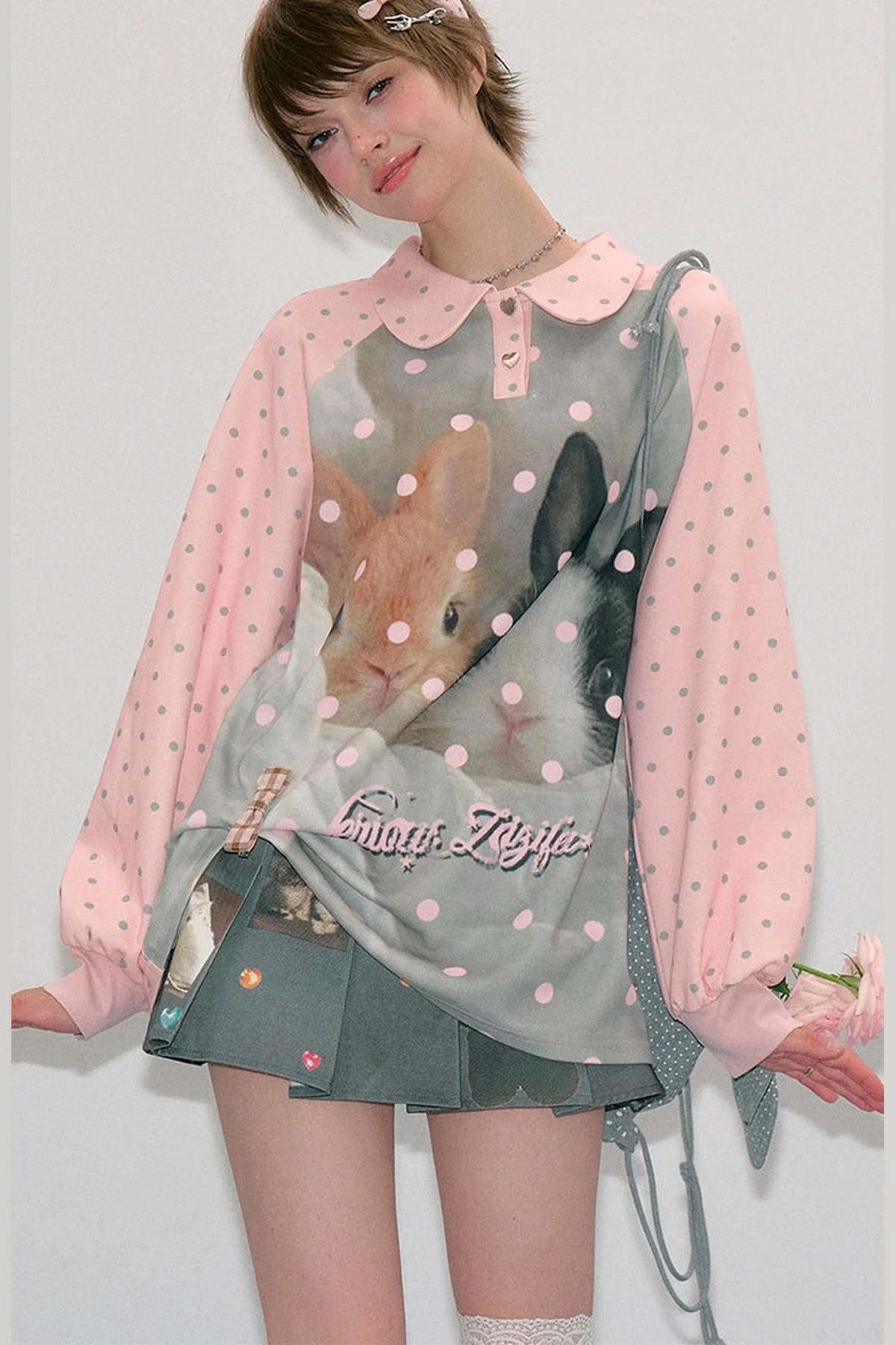 Pink Rabbit Print Polka Dot T-Shirt