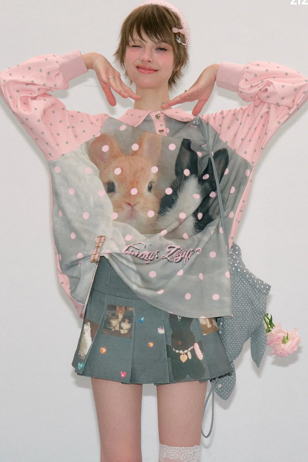 Pink Rabbit Print Polka Dot T-Shirt