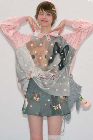 Pink Rabbit Print Polka Dot T-Shirt