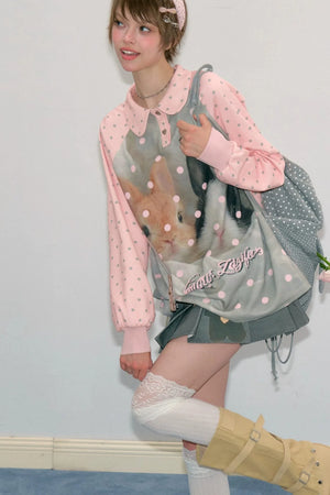 Pink Rabbit Print Polka Dot T-Shirt