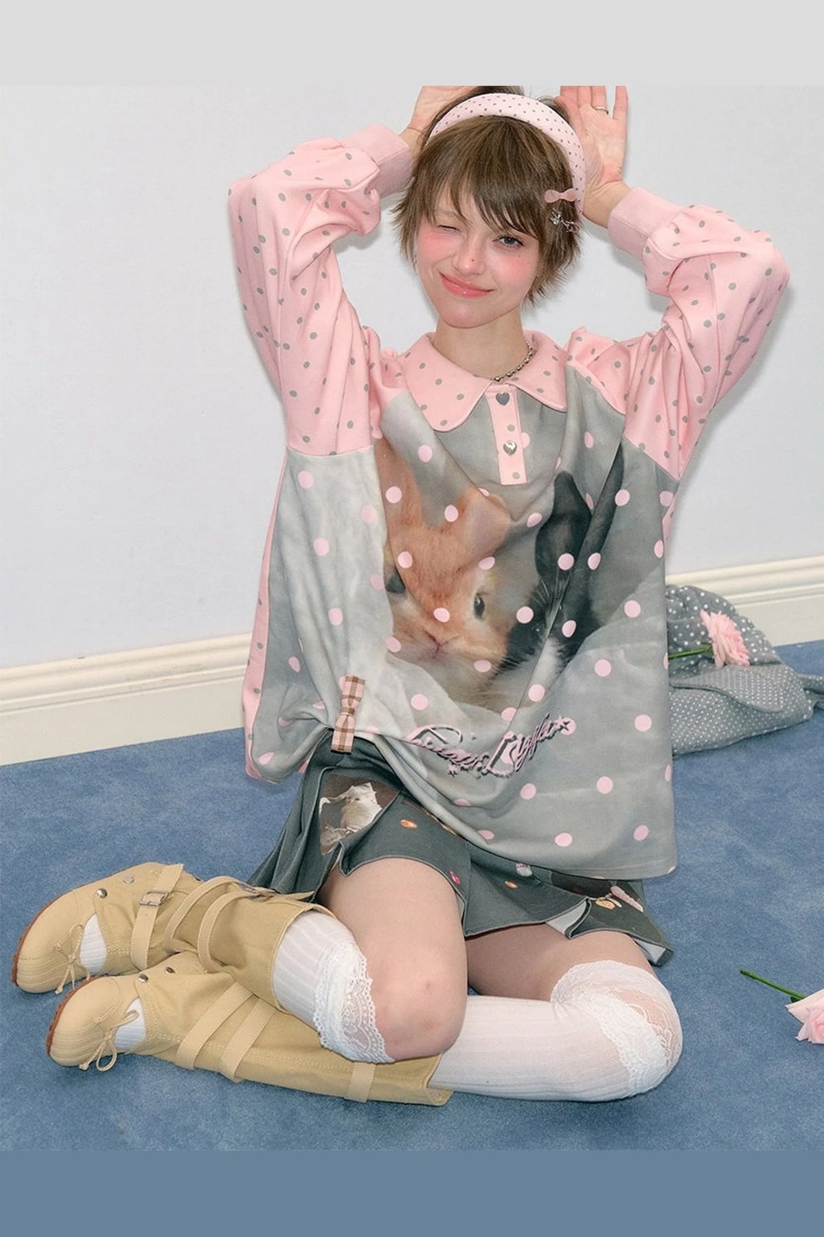 Pink Rabbit Print Polka Dot T-Shirt