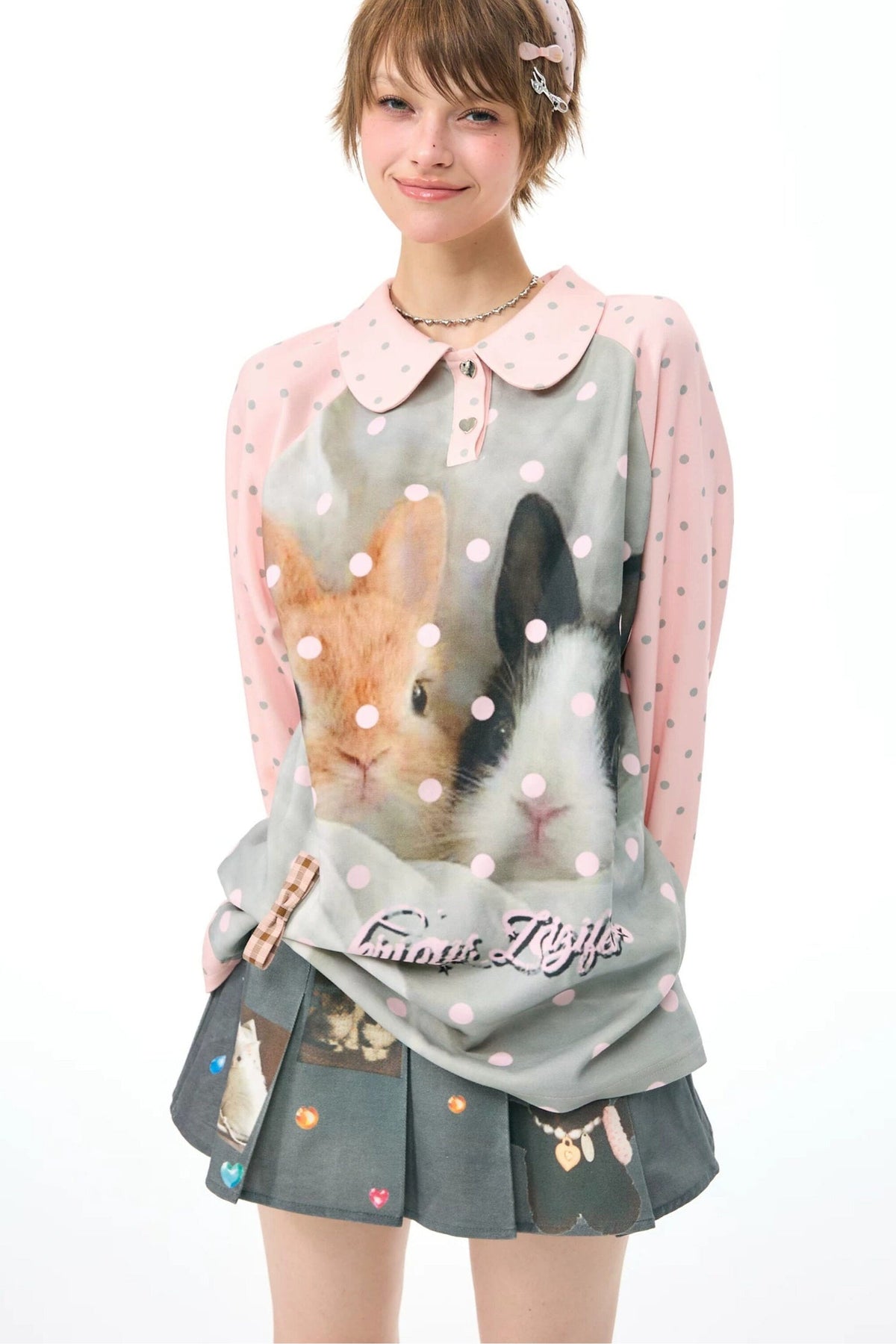 Pink Rabbit Print Polka Dot T-Shirt