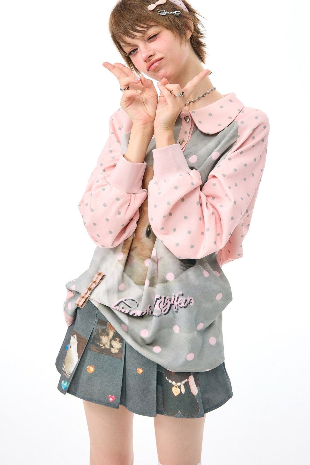 Pink Rabbit Print Polka Dot T-Shirt