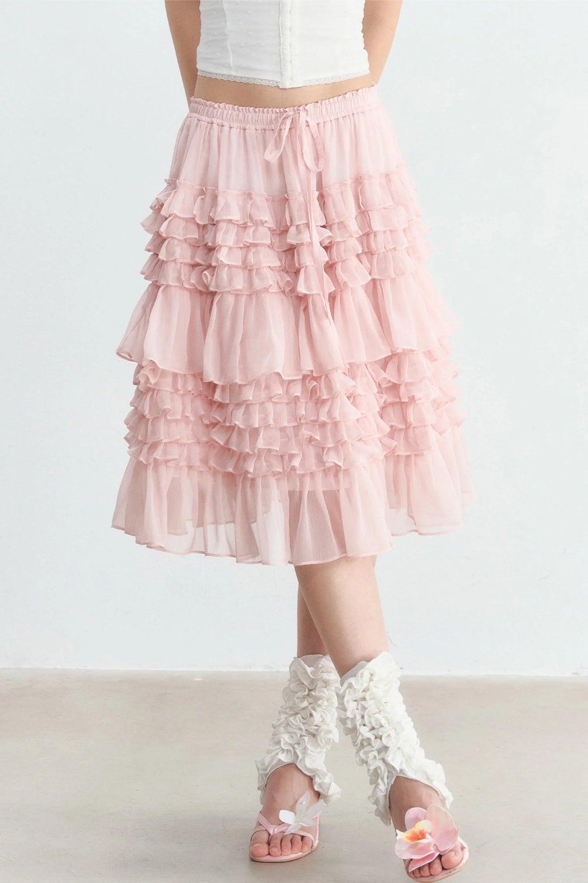 Pink Ruffle Chiffon Tube Top Skirt