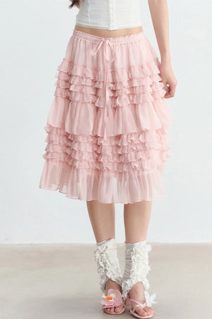 Pink Ruffle Chiffon Tube Top Skirt