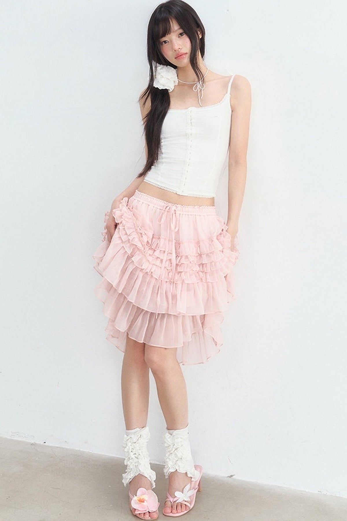 Pink Ruffle Chiffon Tube Top Skirt