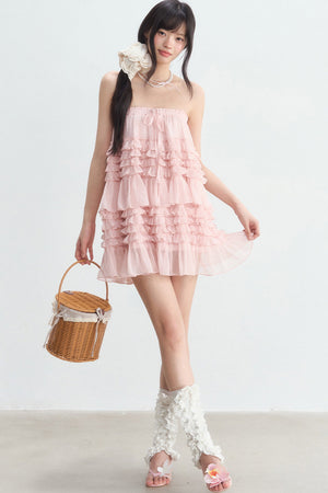 Pink Ruffle Chiffon Tube Top Skirt