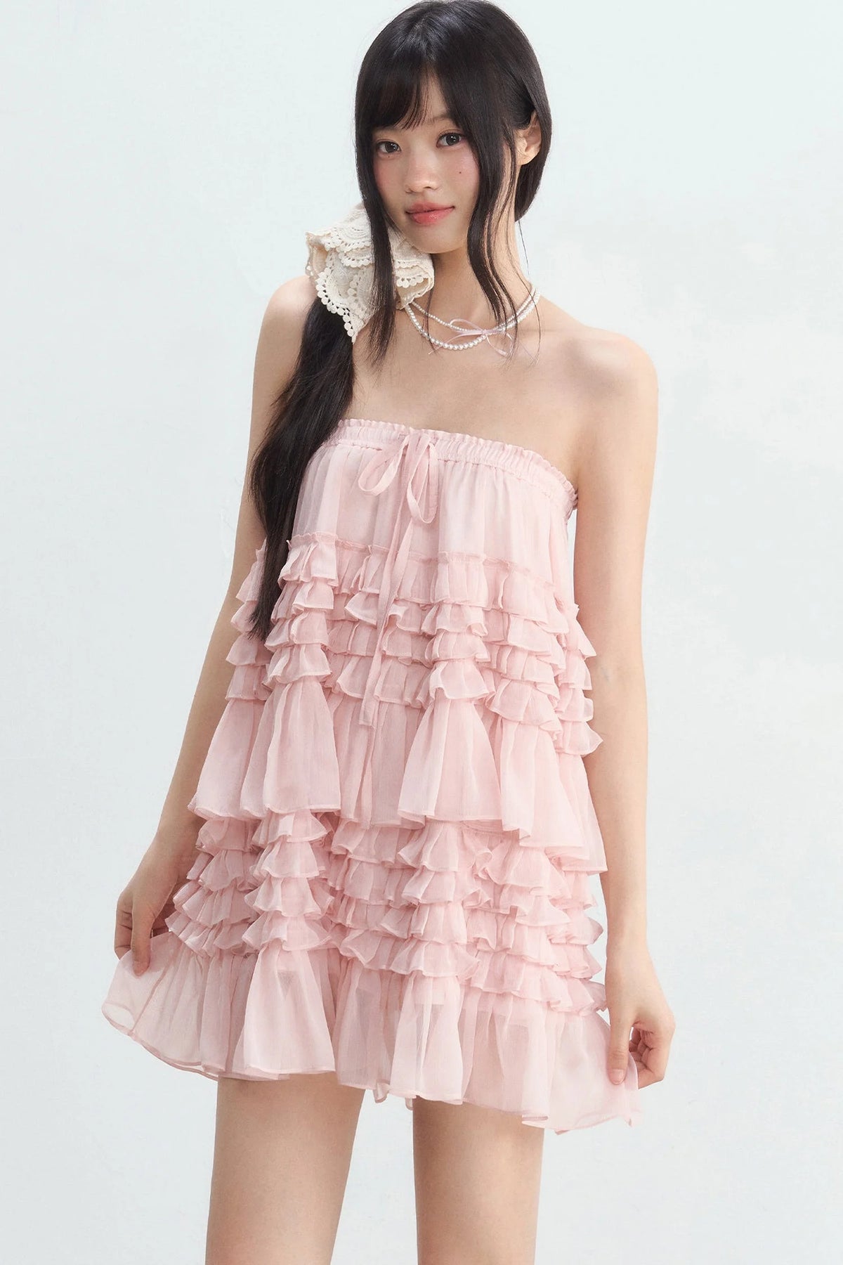 Pink Ruffle Chiffon Tube Top Skirt
