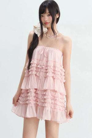 Pink Ruffle Chiffon Tube Top Skirt