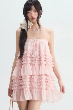 Pink Ruffle Chiffon Tube Top Skirt