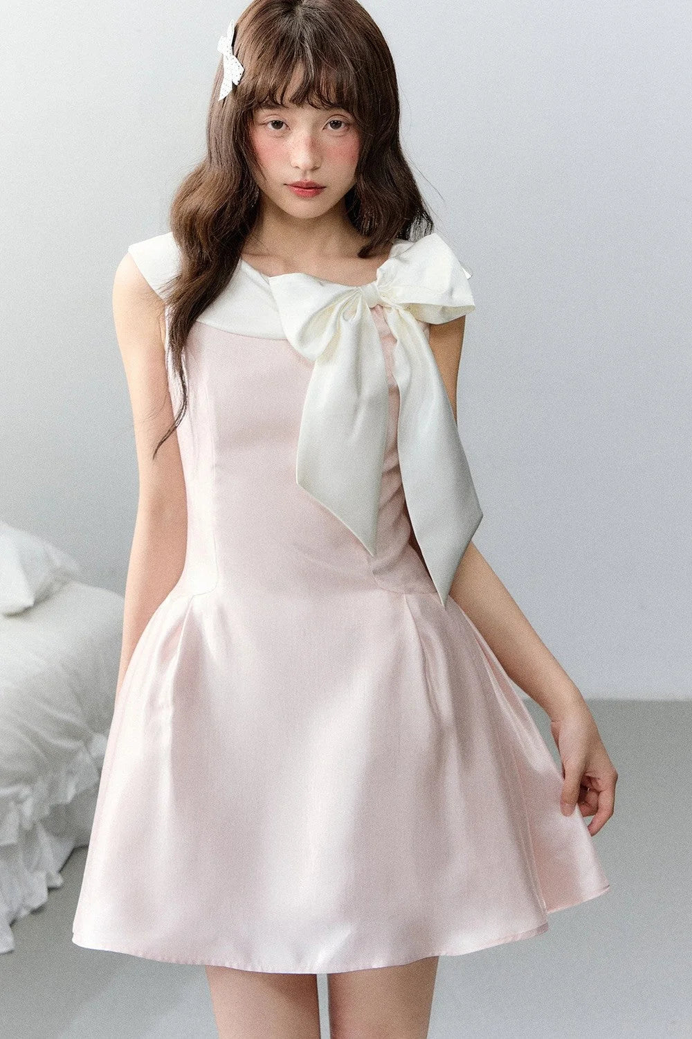 Pink Satin Polka Dot Bow Dress