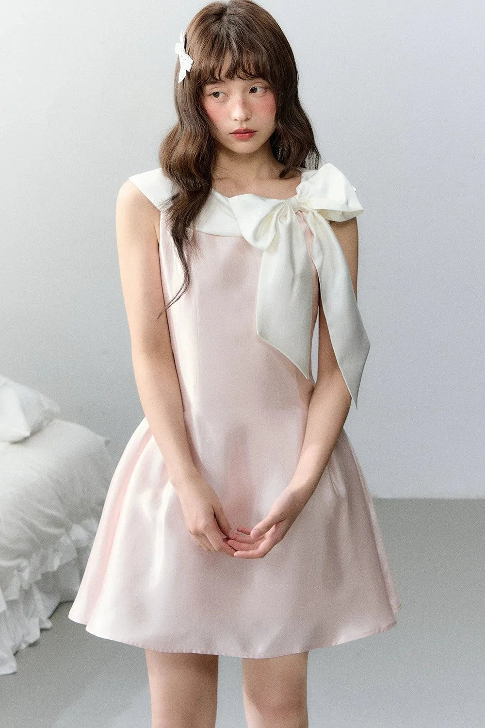 Pink Satin Polka Dot Bow Dress
