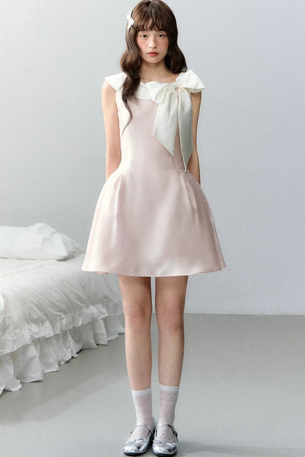 Pink Satin Polka Dot Bow Dress