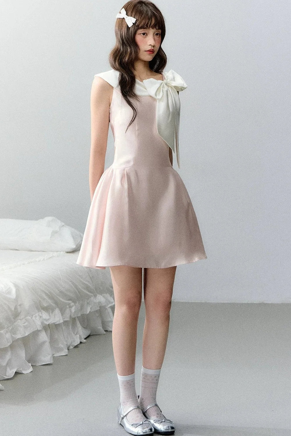 Pink Satin Polka Dot Bow Dress