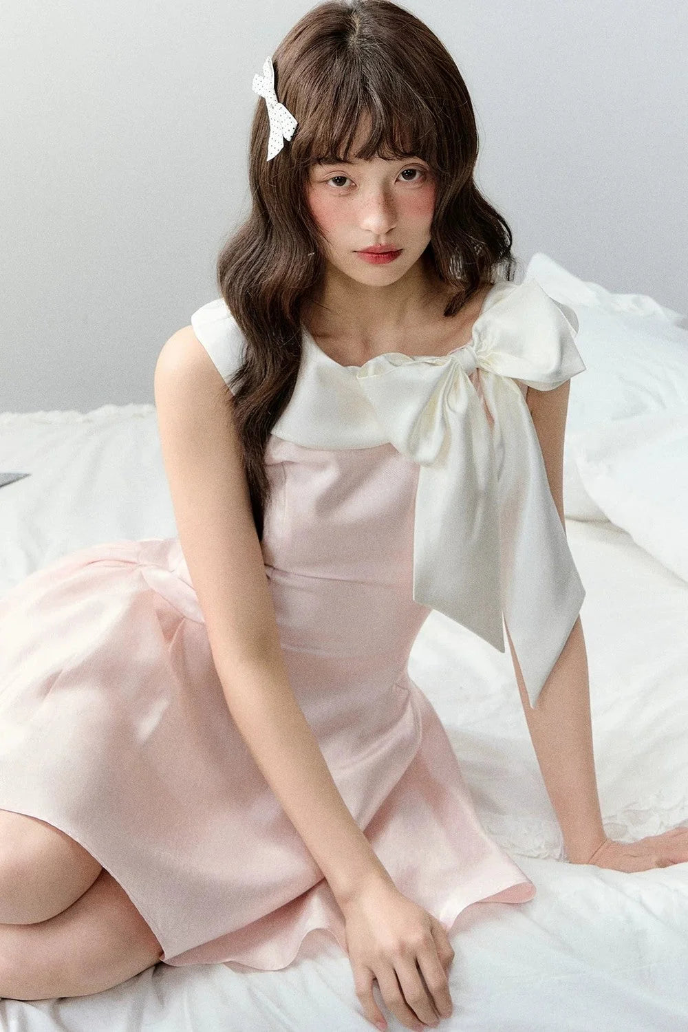 Pink Satin Polka Dot Bow Dress