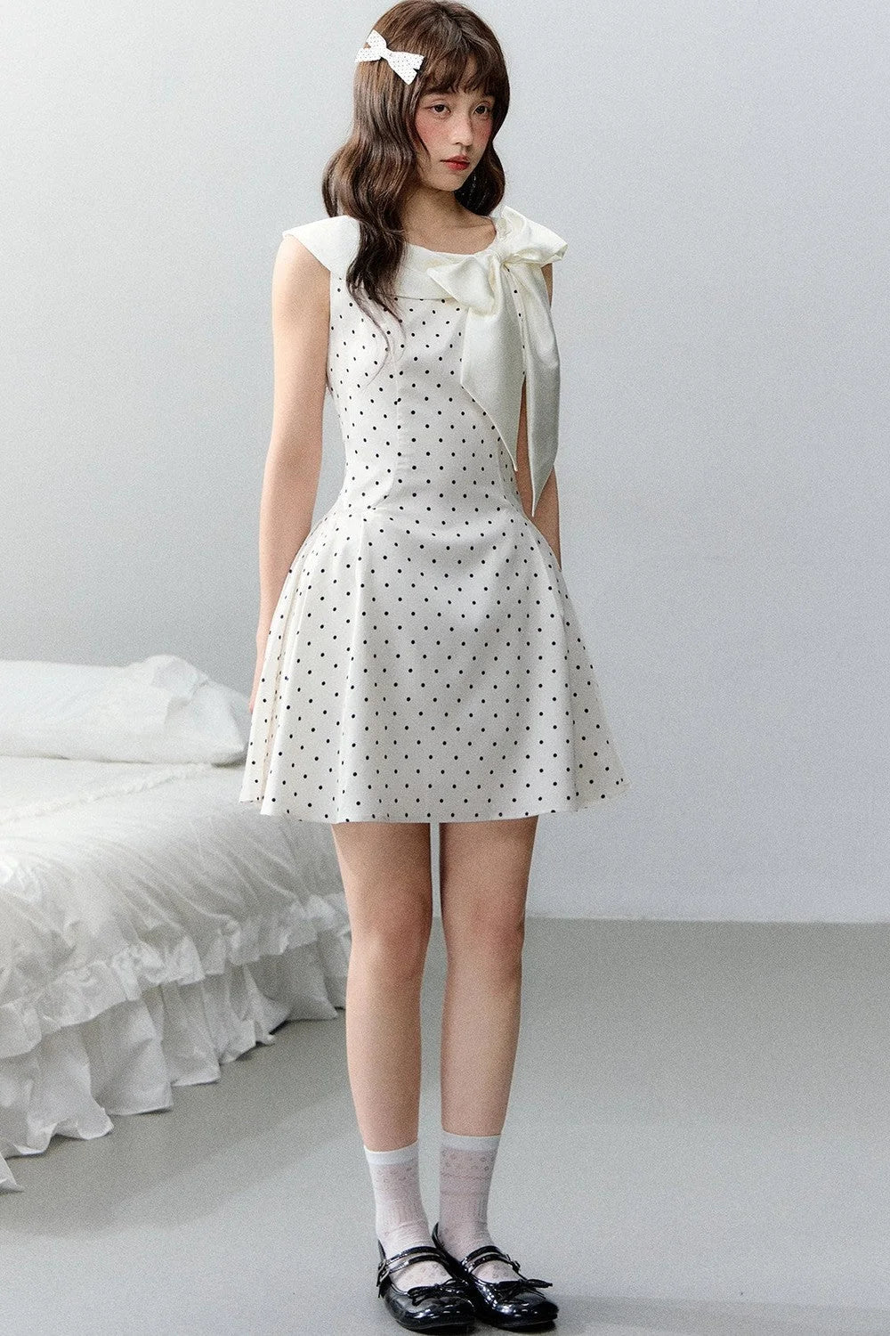 Pink Satin Polka Dot Bow Dress