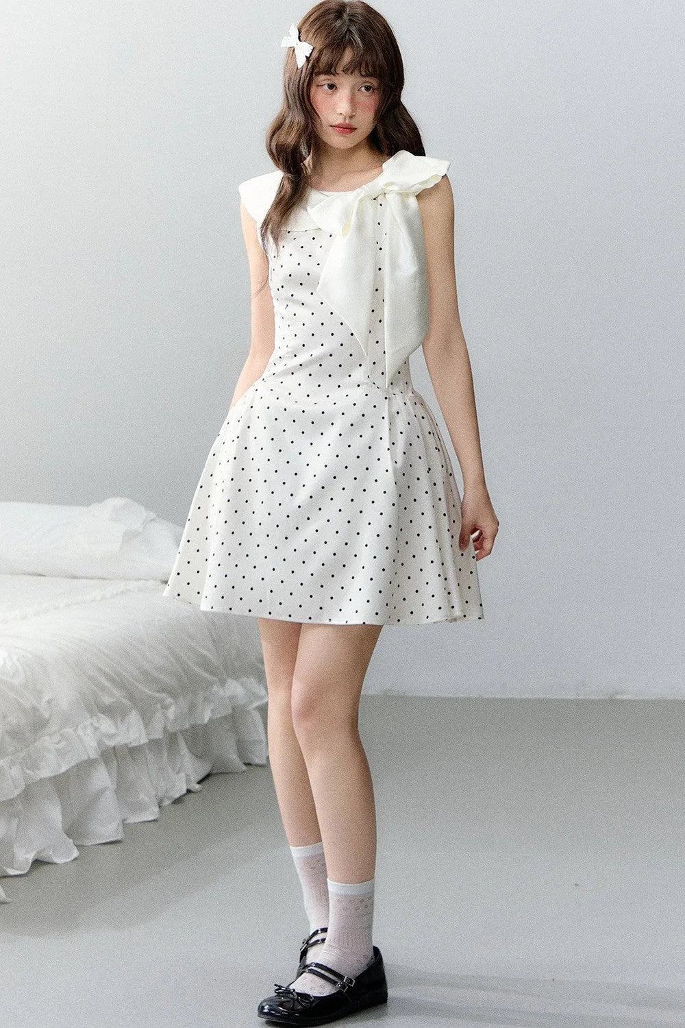 Pink Satin Polka Dot Bow Dress