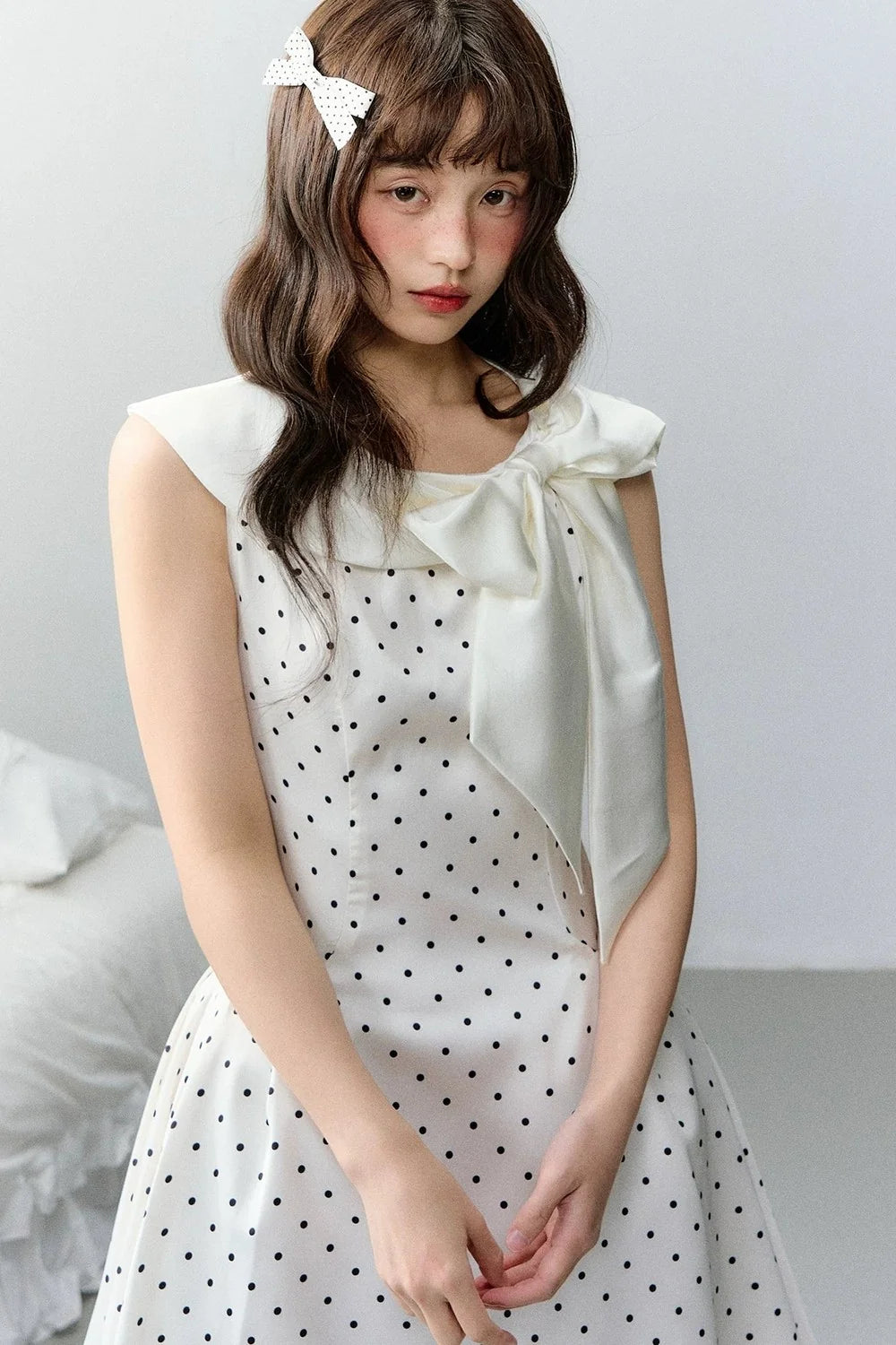 Pink Satin Polka Dot Bow Dress