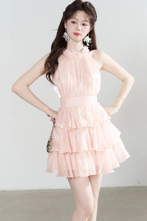 Pink Sleeveless Halter Tiered Dress