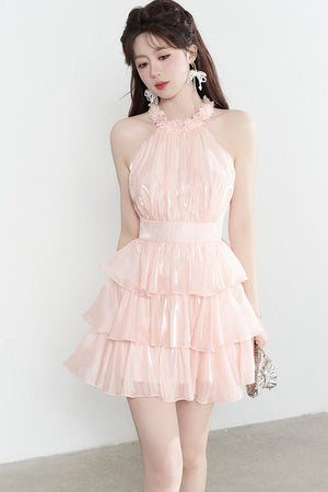 Pink Sleeveless Halter Tiered Dress