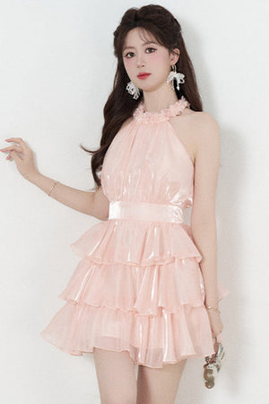 Pink Sleeveless Halter Tiered Dress