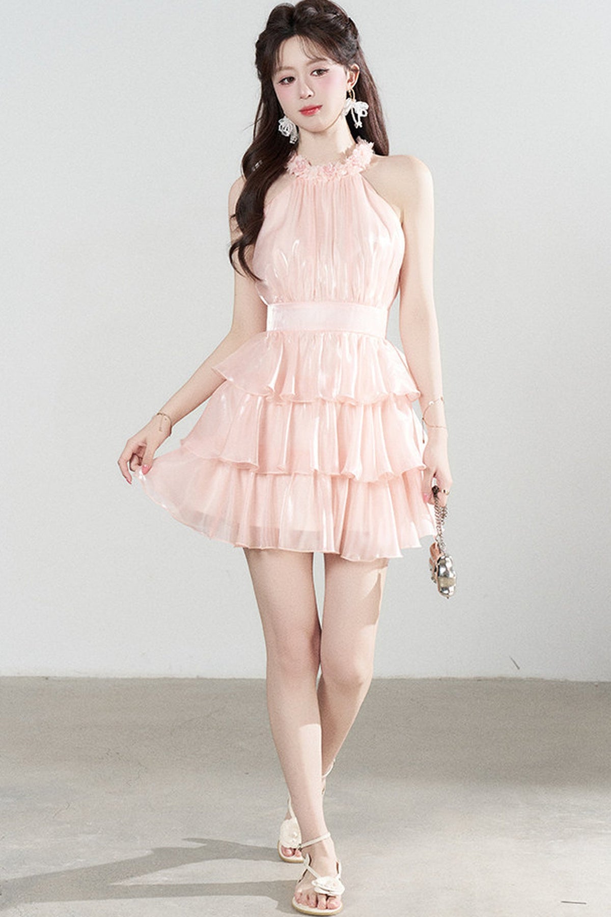 Pink Sleeveless Halter Tiered Dress