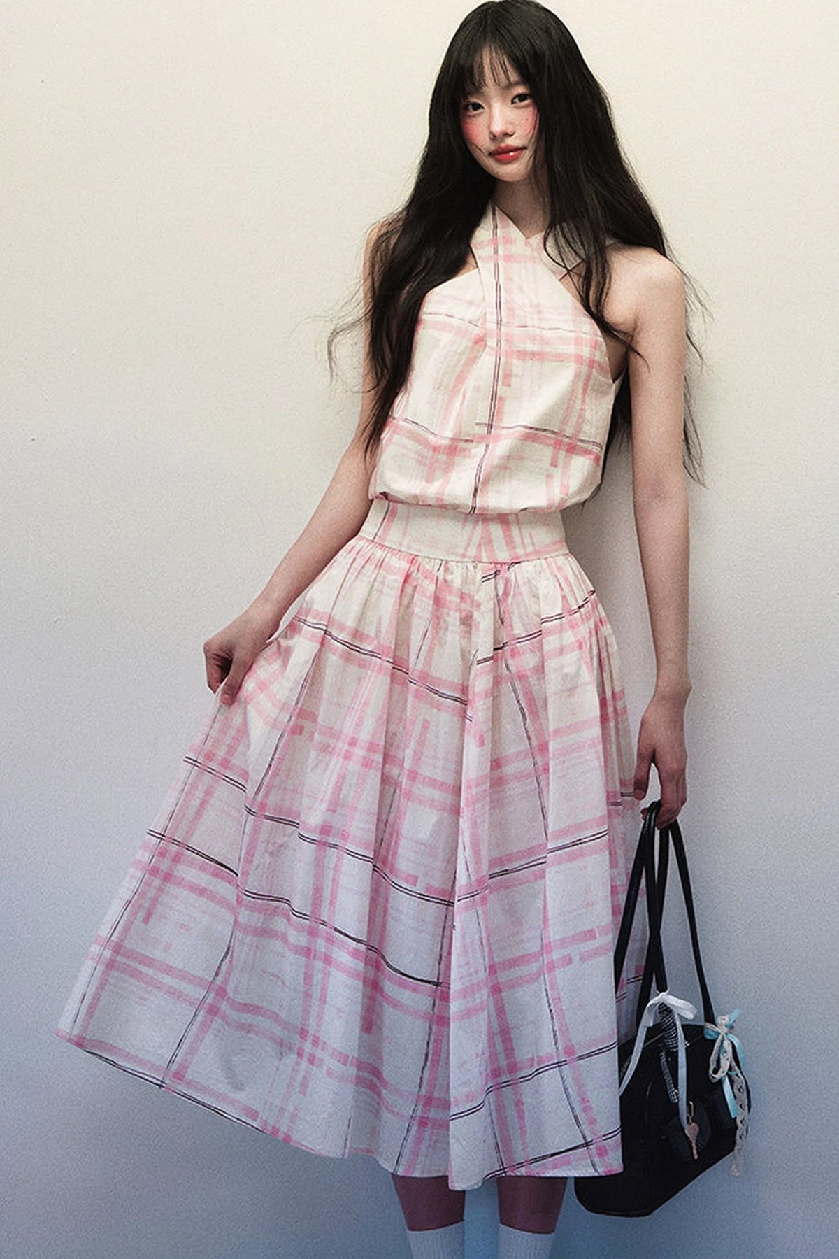Pink Striped Plaid Halter Top and Umbrella Skirt Set