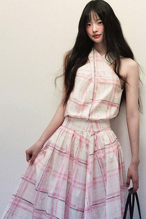 Pink Striped Plaid Halter Top and Umbrella Skirt Set