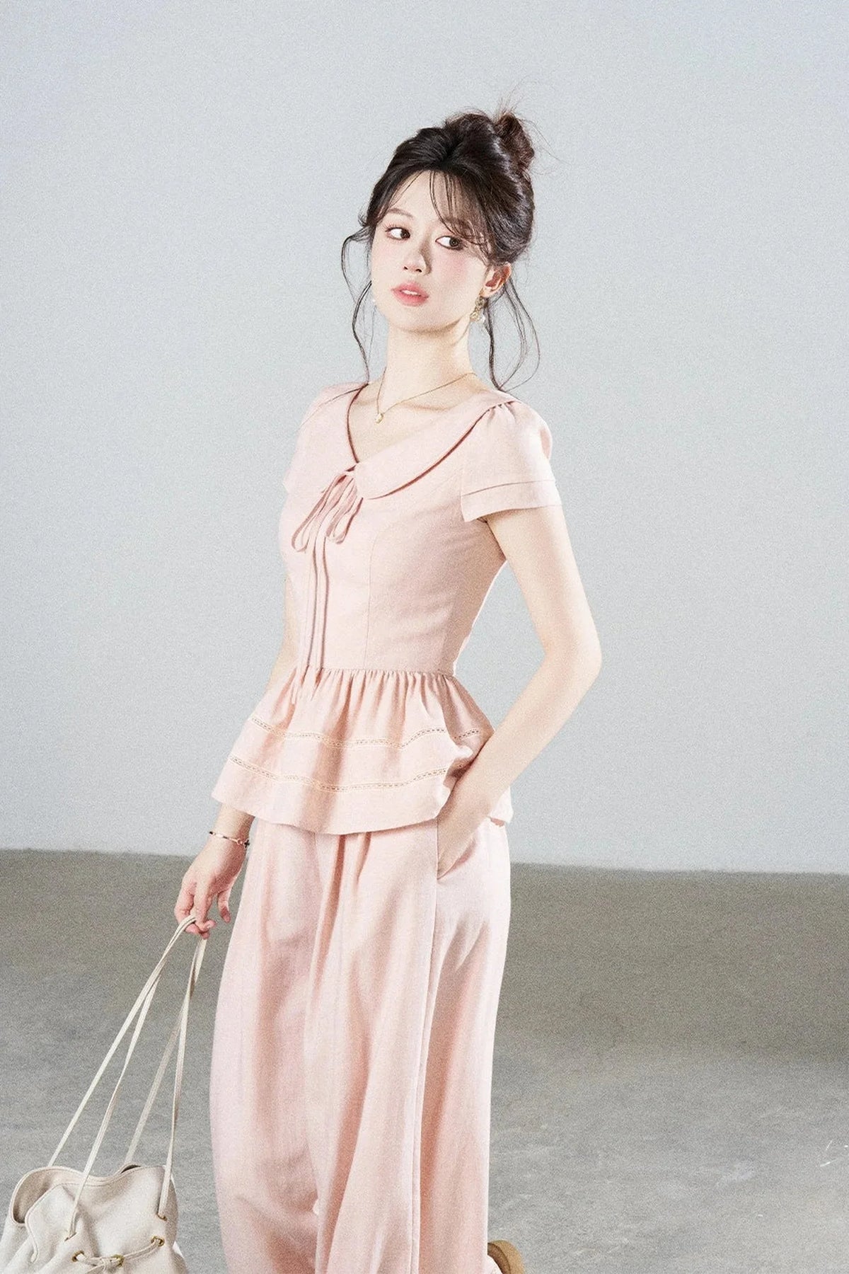 Pink Tencel Doll Collar Shirt and Wide-Leg Pants Set