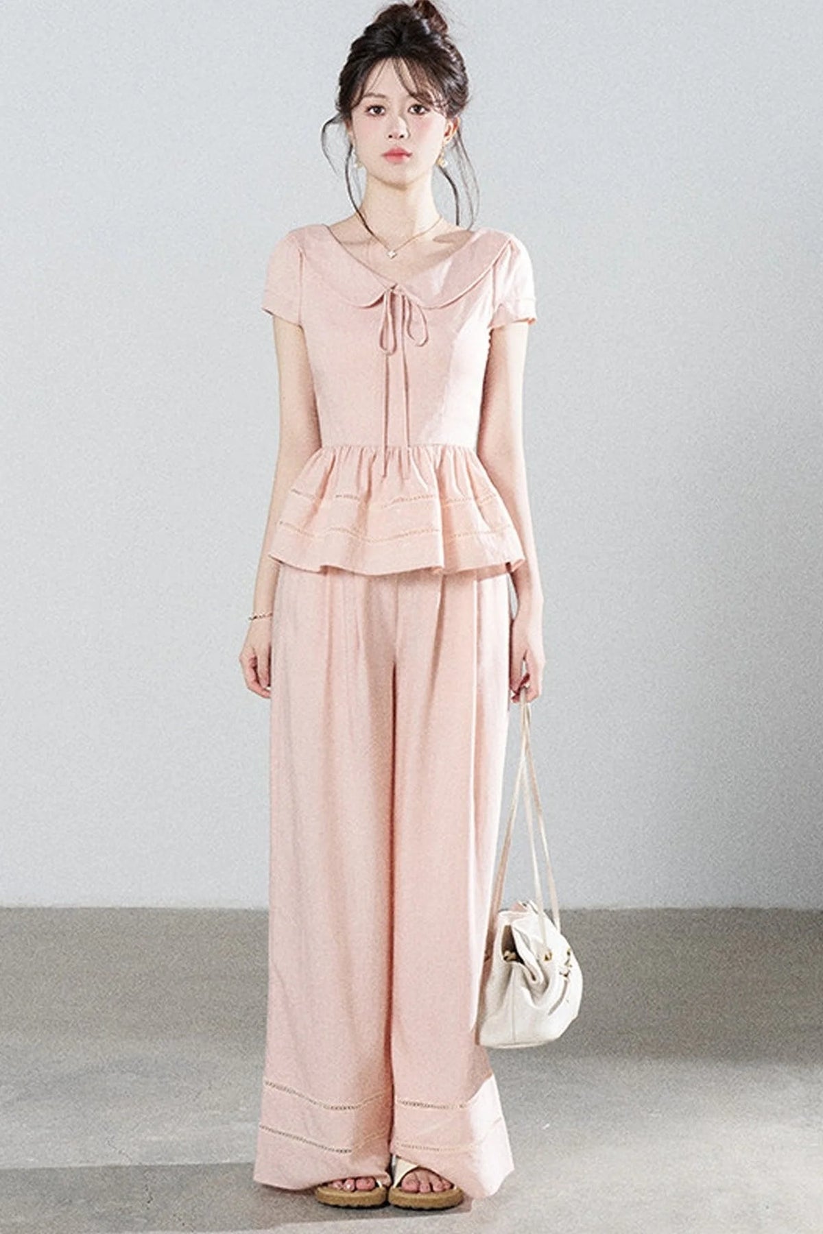 Pink Tencel Doll Collar Shirt and Wide-Leg Pants Set
