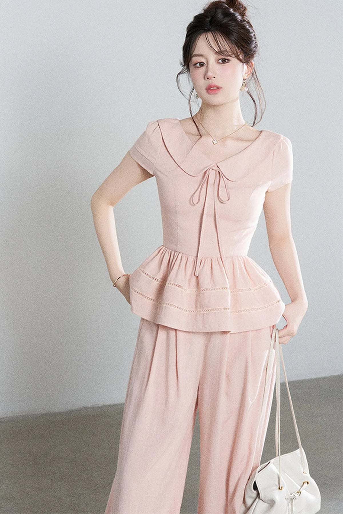 Pink Tencel Doll Collar Shirt and Wide-Leg Pants Set