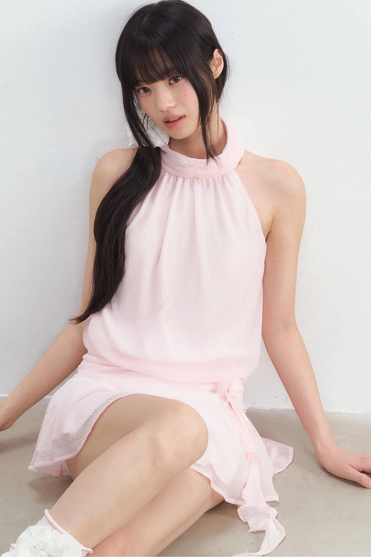 Pink Textured Chiffon Sleeveless Halter Dress