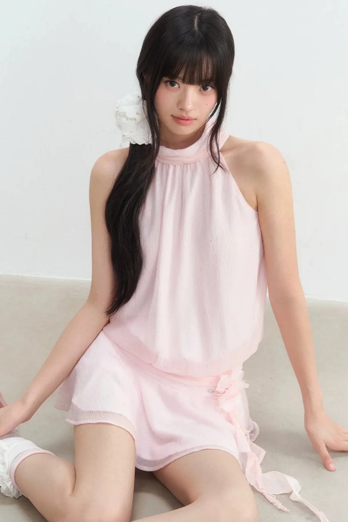 Pink Textured Chiffon Sleeveless Halter Dress