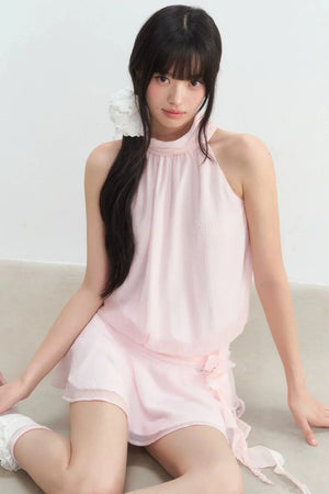 Pink Textured Chiffon Sleeveless Halter Dress