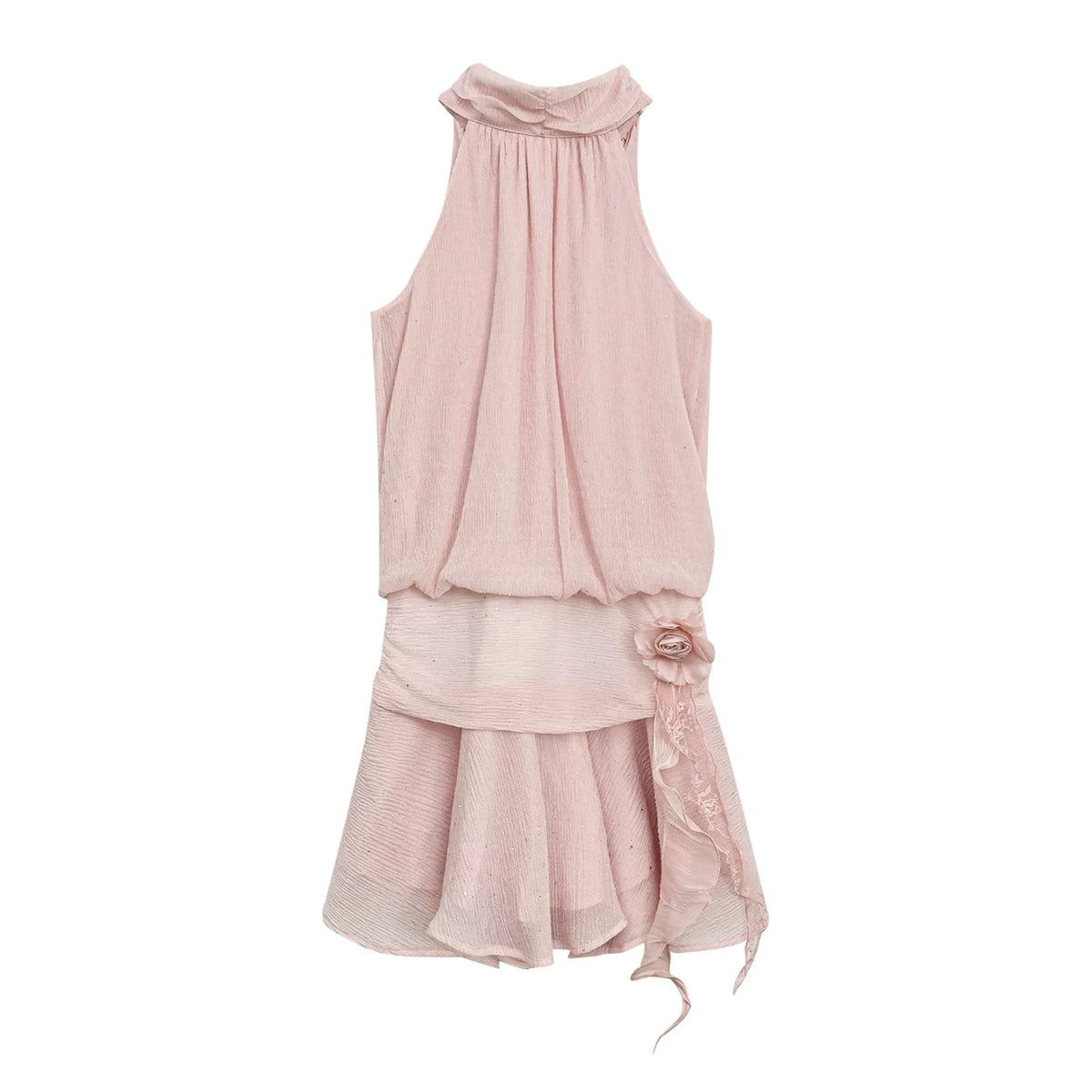 Pink Textured Chiffon Sleeveless Halter Dress