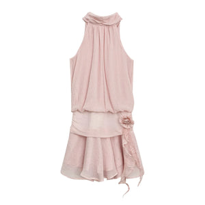 Pink Textured Chiffon Sleeveless Halter Dress