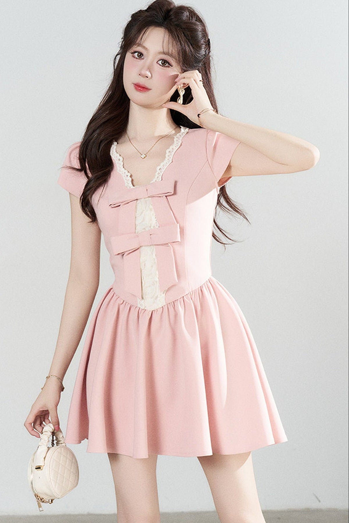 Pink V-Neck Lace Dress