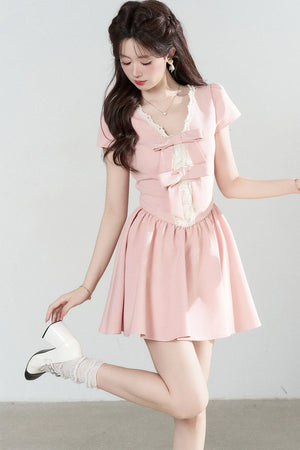 Pink V-Neck Lace Dress
