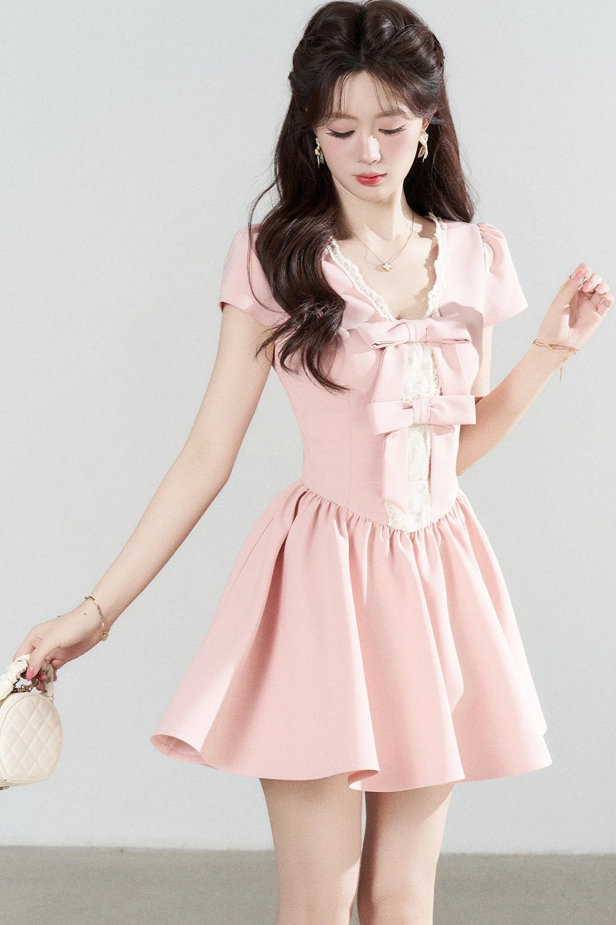 Pink V-Neck Lace Dress