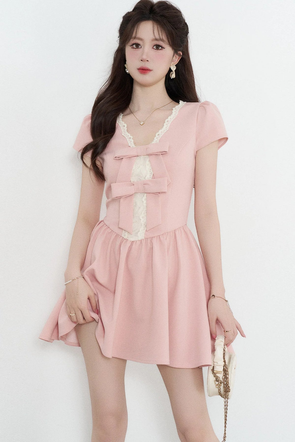 Pink V-Neck Lace Dress