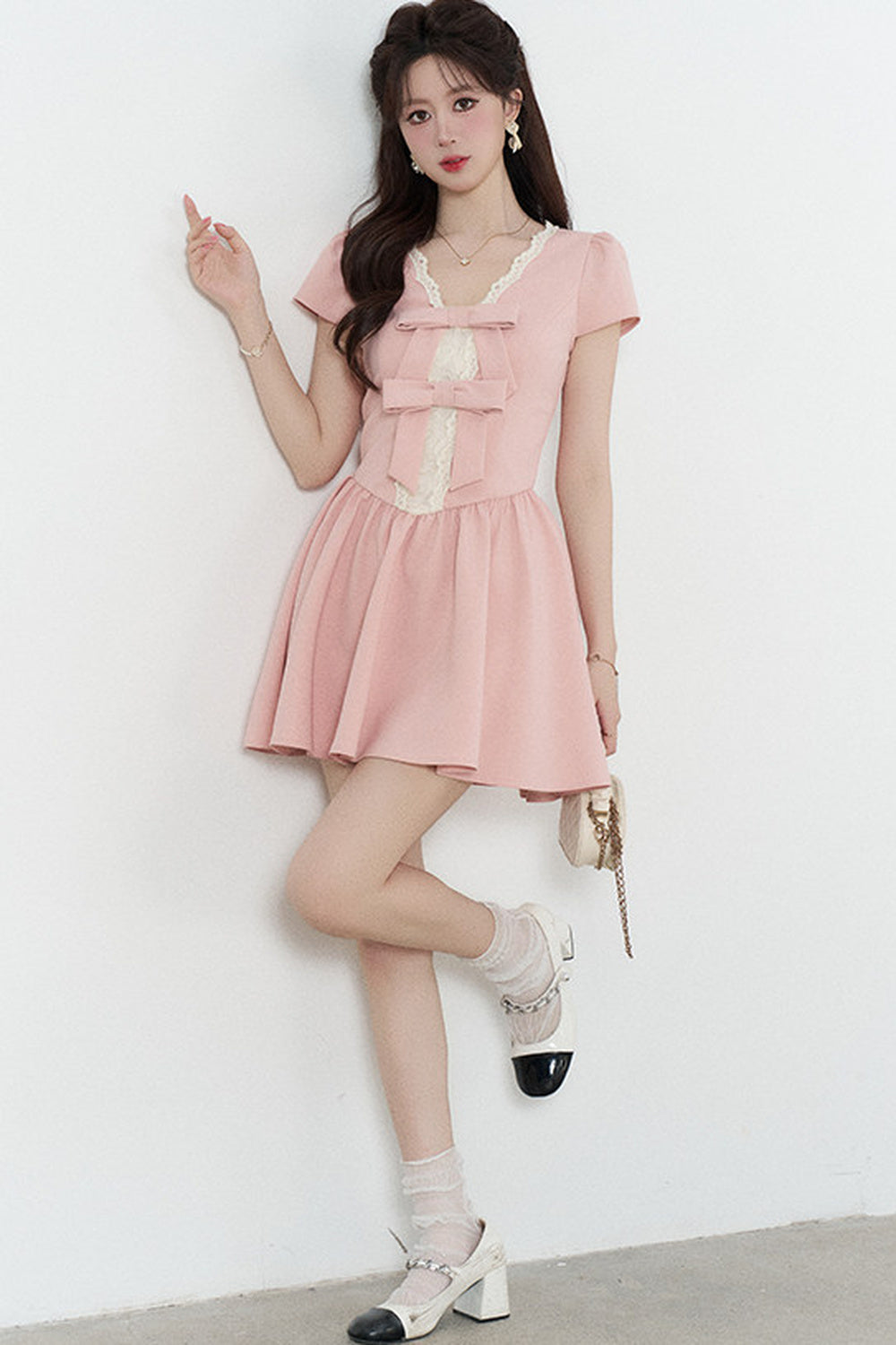 Pink V-Neck Lace Dress