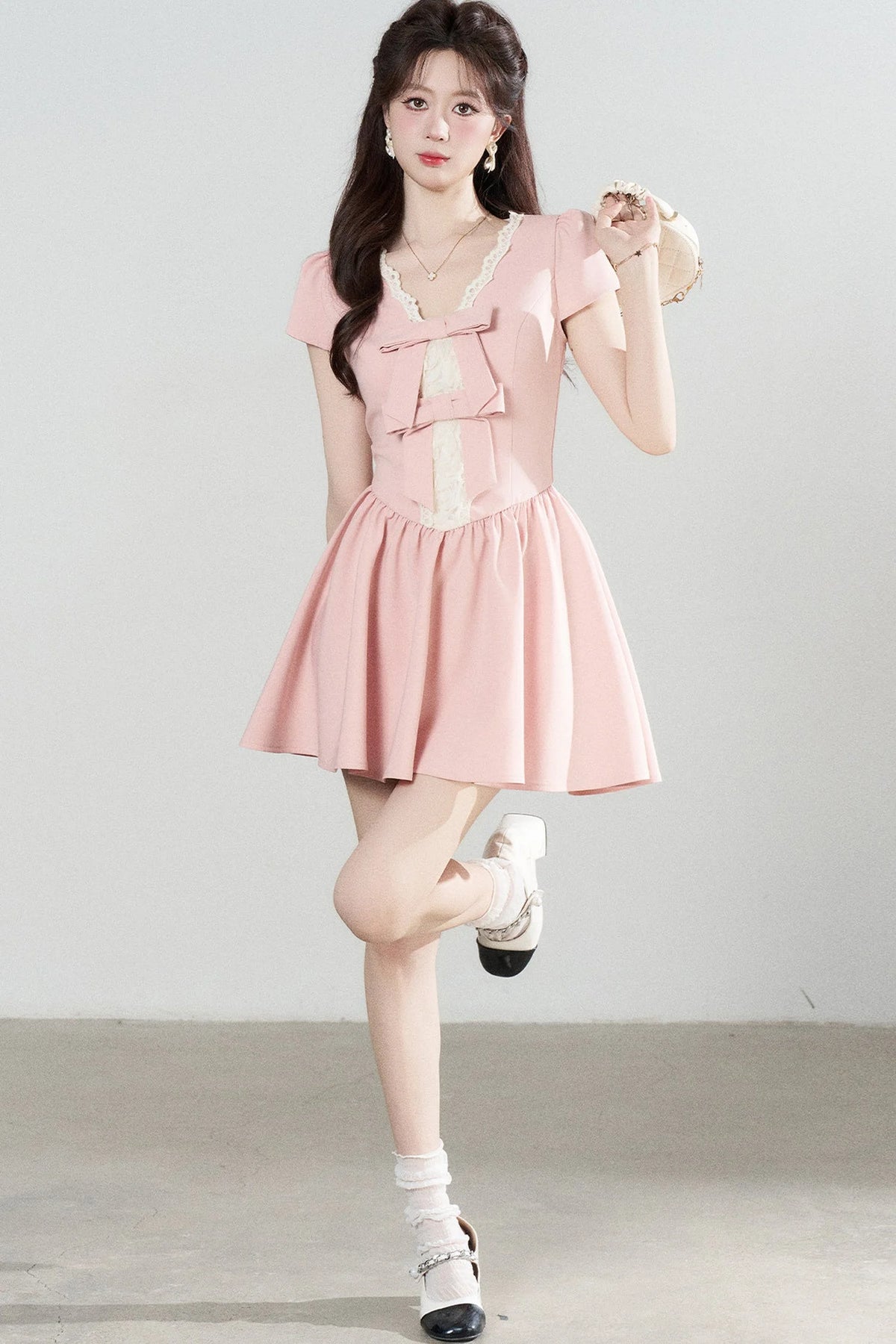 Pink V-Neck Lace Dress