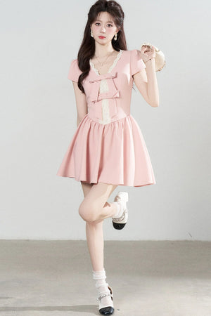 Pink V-Neck Lace Dress