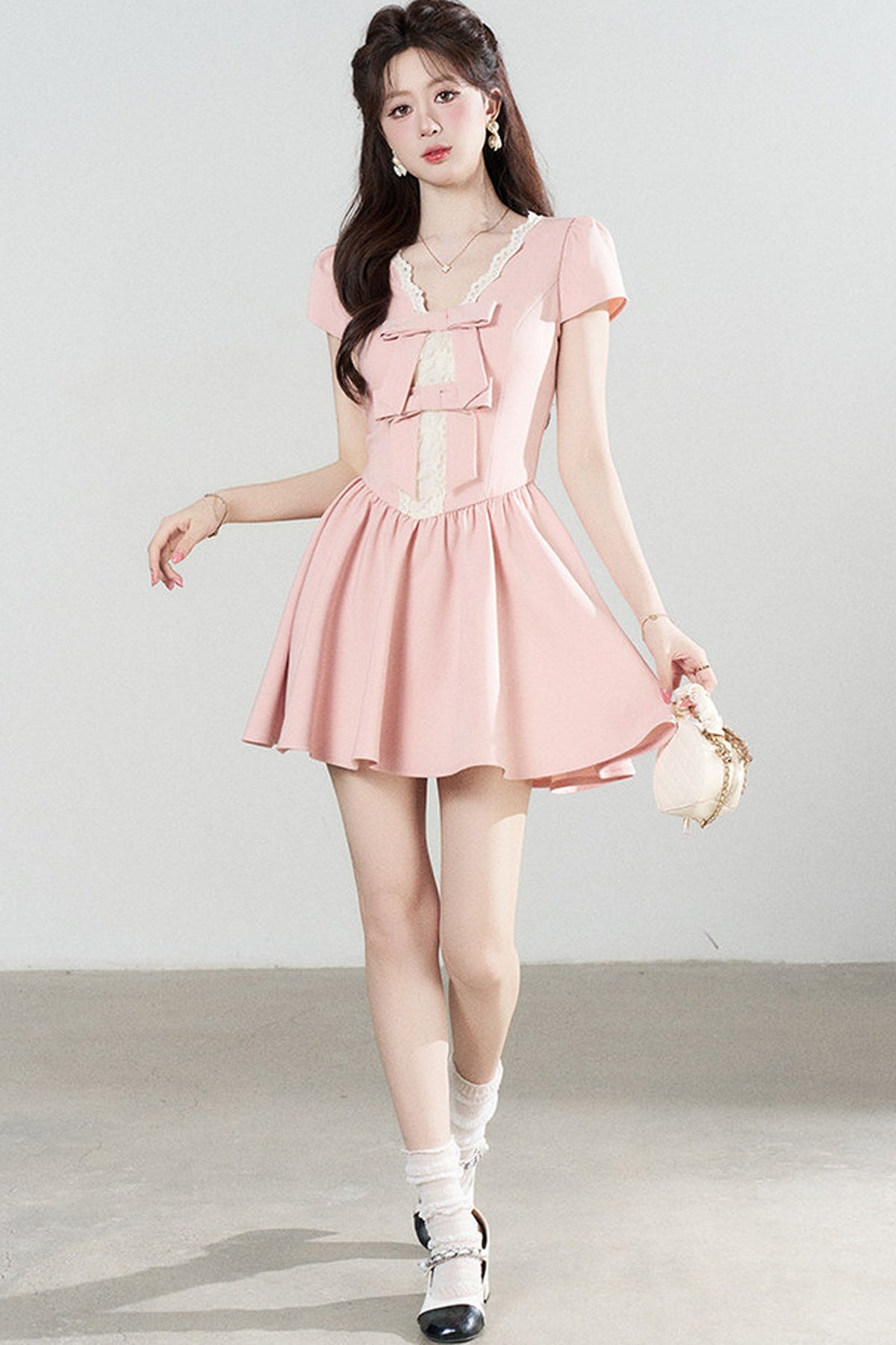 Pink V-Neck Lace Dress